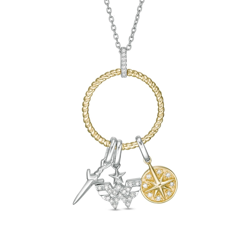 Wonder Woman Collection 1/8 CT. T.W. Diamond Lasso Circle Pendant with Theme Charms in Sterling Silver and 10K Gold