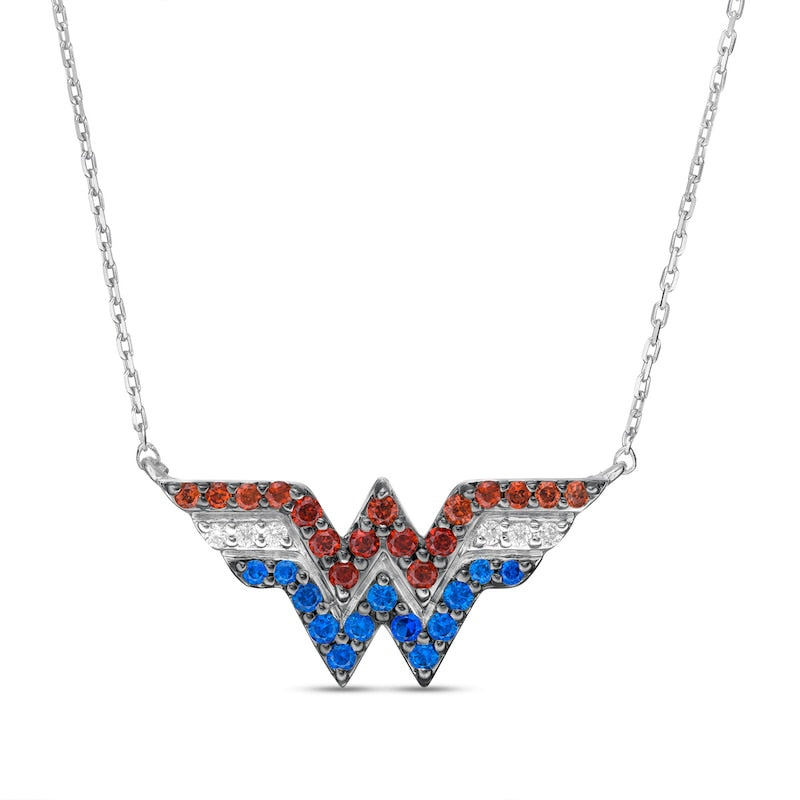 Wonder Woman Collection Garnet, Blue Sapphire and 1/20 Diamond CT. T.W. Symbol Necklace in Sterling Silver