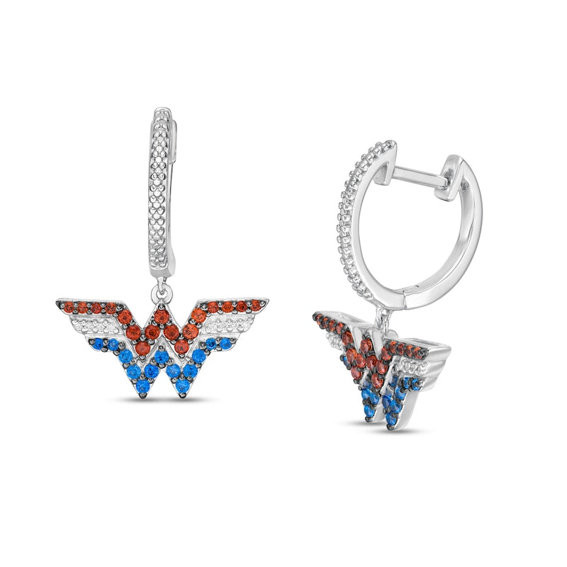 Wonder Woman Collection Garnet, Blue Sapphire and 1/20 CT. T.W. Diamond Symbol Drop Earrings in Sterling Silver