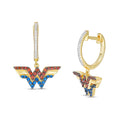 Wonder Woman Collection Garnet, Blue Sapphire and 1/15 CT. T.W. Diamond Symbol Drop Earrings in 10K Gold
