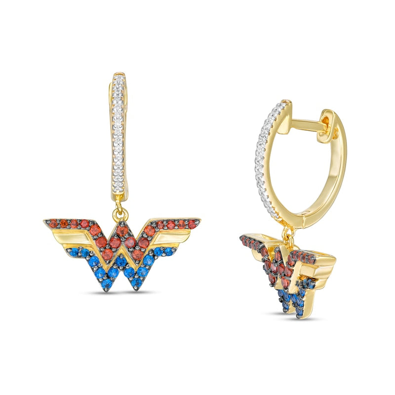 Wonder Woman Collection Garnet, Blue Sapphire and 1/15 CT. T.W. Diamond Symbol Drop Earrings in 10K Gold