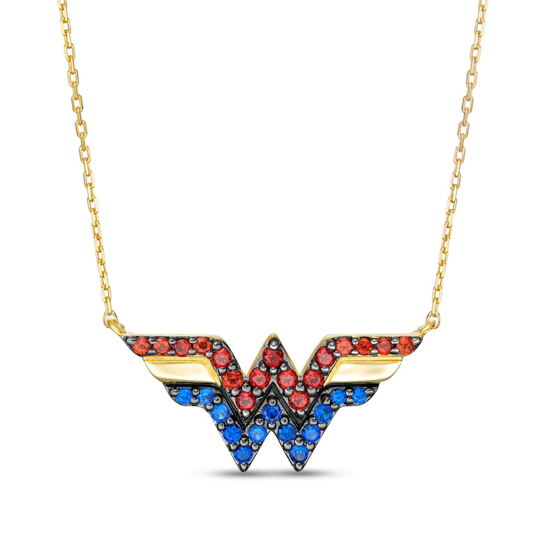 Wonder Woman Collection Garnet and Blue Sapphire Symbol Necklace in 10K Gold