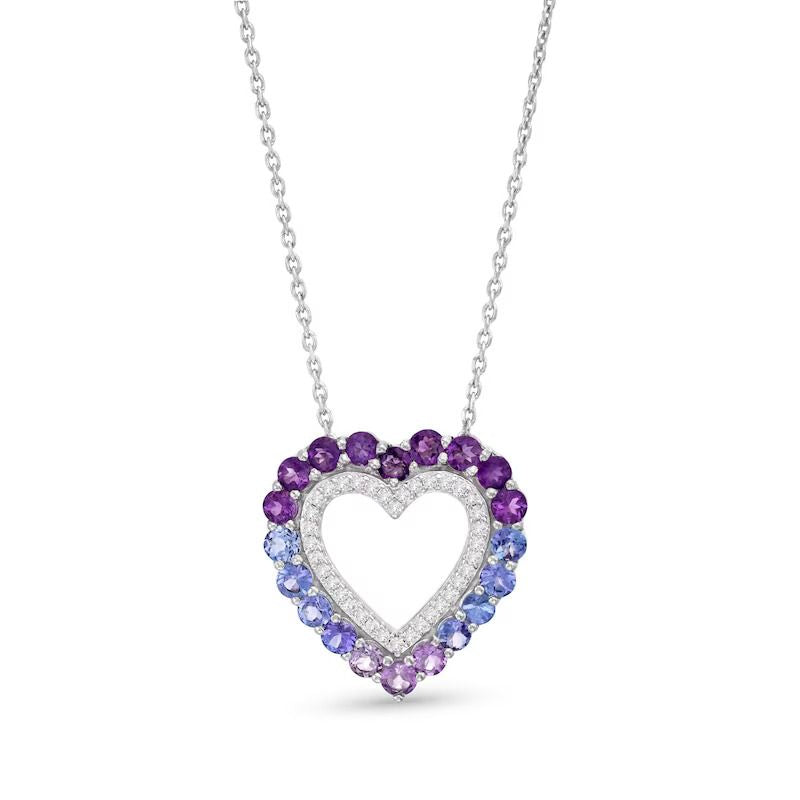 Vibrant Shades Amethyst, Tanzanite, White Lab-Created Sapphire Heart Necklace Sterling Silver 18″