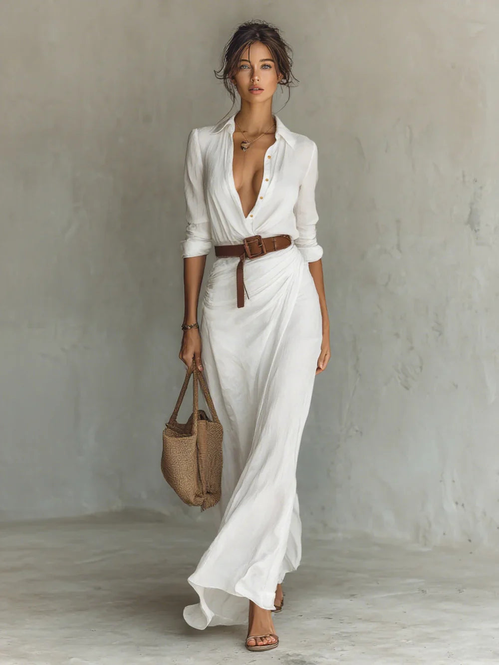 Elena™ | Maxi Long Dress with Lapel Collar