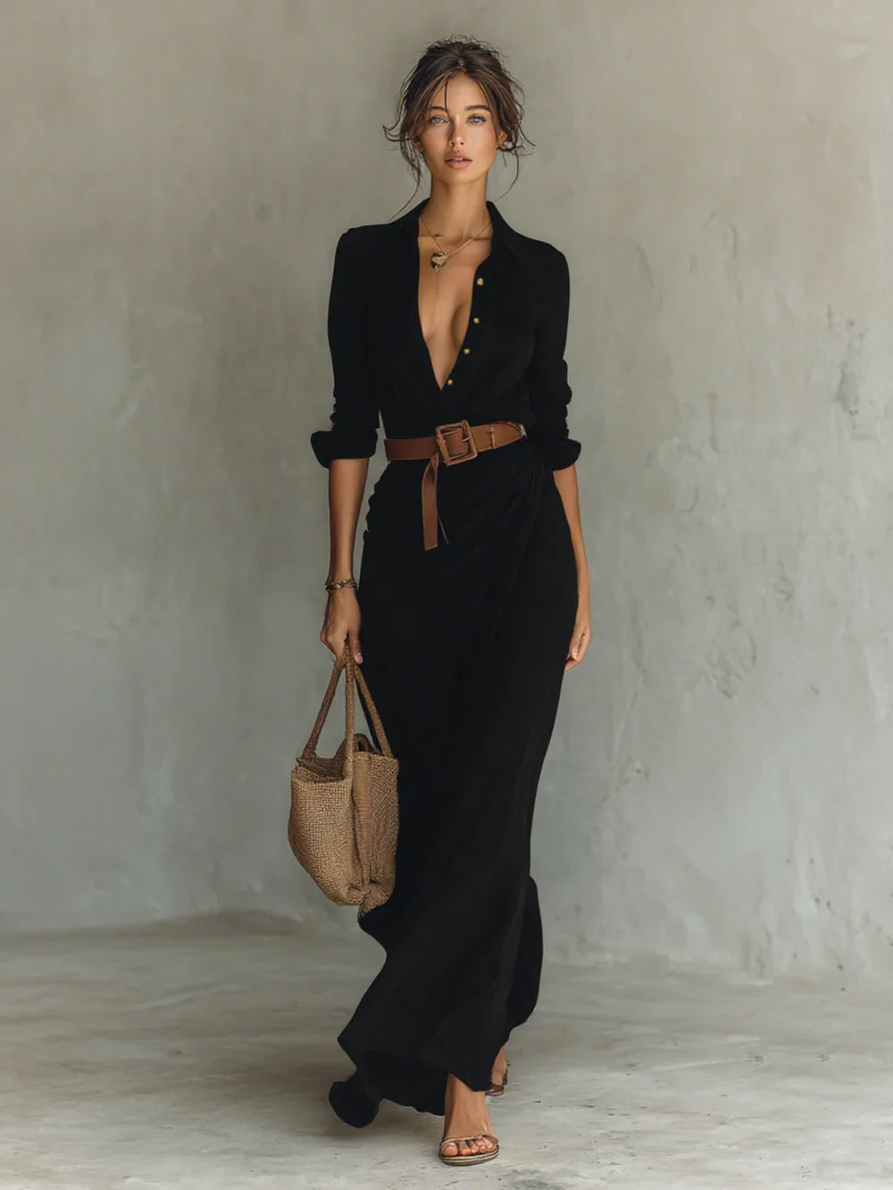 Elena™ | Maxi Long Dress with Lapel Collar