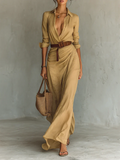 Elena™ | Maxi Long Dress with Lapel Collar