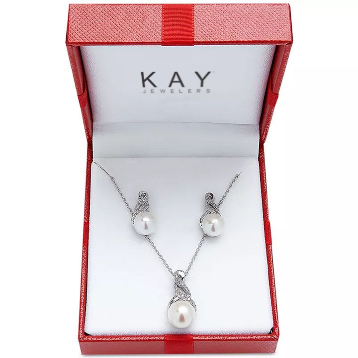 Cultured Freshwater Pearl (8 & 9mm) and Diamond Accent Pendant Necklace and Earrings Set in Sterling Silver or 14k Gold Over Silver