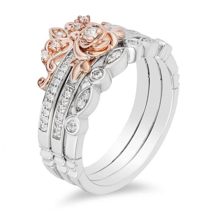 Enchanted Disney Belle 1/5 CT TW Diamond Rose Stackable Band Set in Sterling Silver and 10K Rose Gold