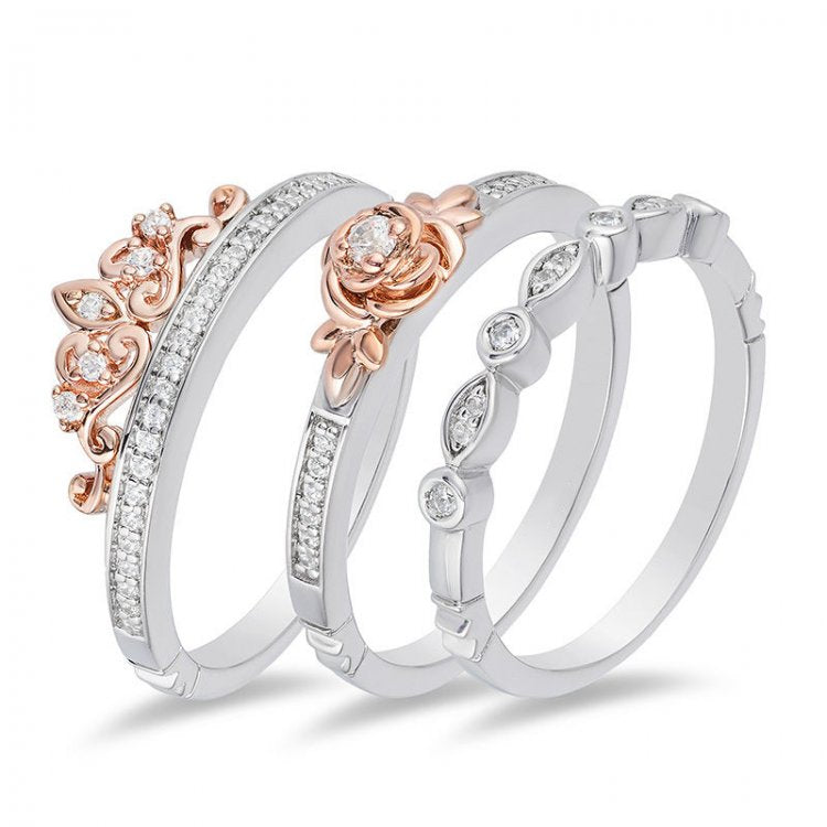 Enchanted Disney Belle 1/5 CT TW Diamond Rose Stackable Band Set in Sterling Silver and 10K Rose Gold