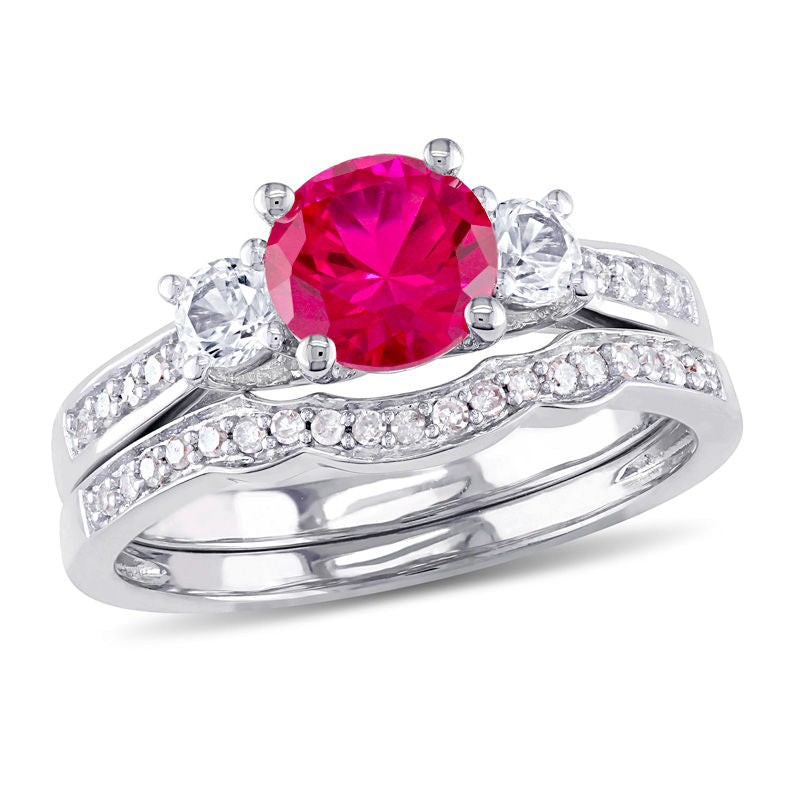 6.0mm Lab-Created Ruby and White Sapphire with 1/8 CT. T.W. Diamond Three Stone Bridal Set in 10K White Gold