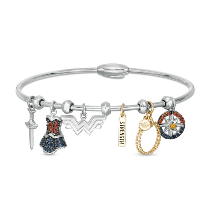 Wonder Woman Collection Multi-Gemstone Charm Bangle Bracelet in Sterling Silver and 10K Gold:Wonder Woman Collection Multi-Gemstone Charm Bangle Bracelet in Sterling Silver and 10K Gold