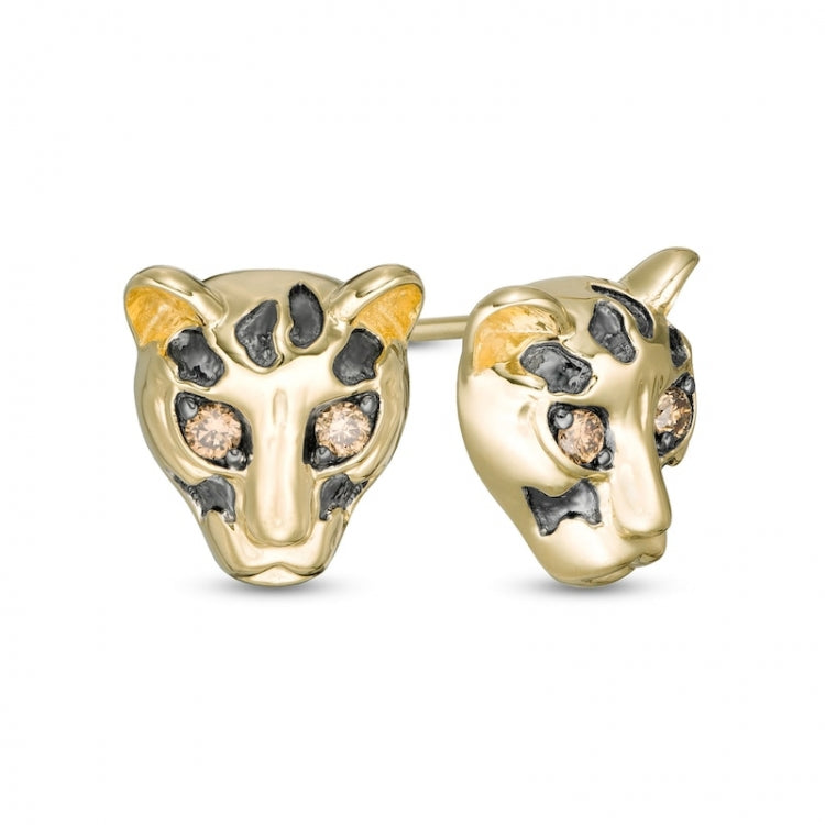 Wonder Woman Collection 1/15 CT. T.W. Champagne Diamond Cheetah Stud Earrings in 10K Gold and Black Rhodium:Wonder Woman Collection 1/15 CT. T.W. Champagne Diamond Cheetah Stud Earrings in 10K Gold and Black Rhodium