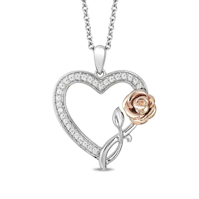 Enchanted Disney Belle 1/6 CT. T.W. Diamond Rose and Heart Pendant in Sterling Silver and 10K Rose Gold – 19″
