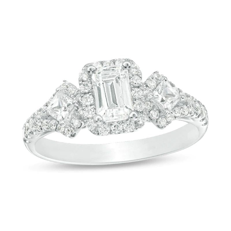 1 CT. T.W. Certified Emerald-Cut Diamond Frame Past Present Future? Ornate Engagement Ring in 14K White Gold (I/I1)