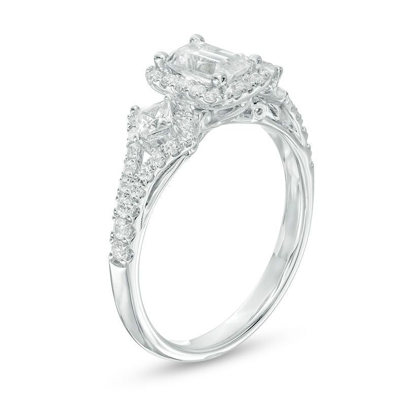 1 CT. T.W. Certified Emerald-Cut Diamond Frame Past Present Future? Ornate Engagement Ring in 14K White Gold (I/I1)