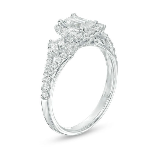 1 CT. T.W. Certified Emerald-Cut Diamond Frame Past Present Future? Ornate Engagement Ring in 14K White Gold (I/I1)