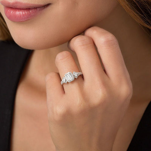 1 CT. T.W. Certified Emerald-Cut Diamond Frame Past Present Future? Ornate Engagement Ring in 14K White Gold (I/I1)