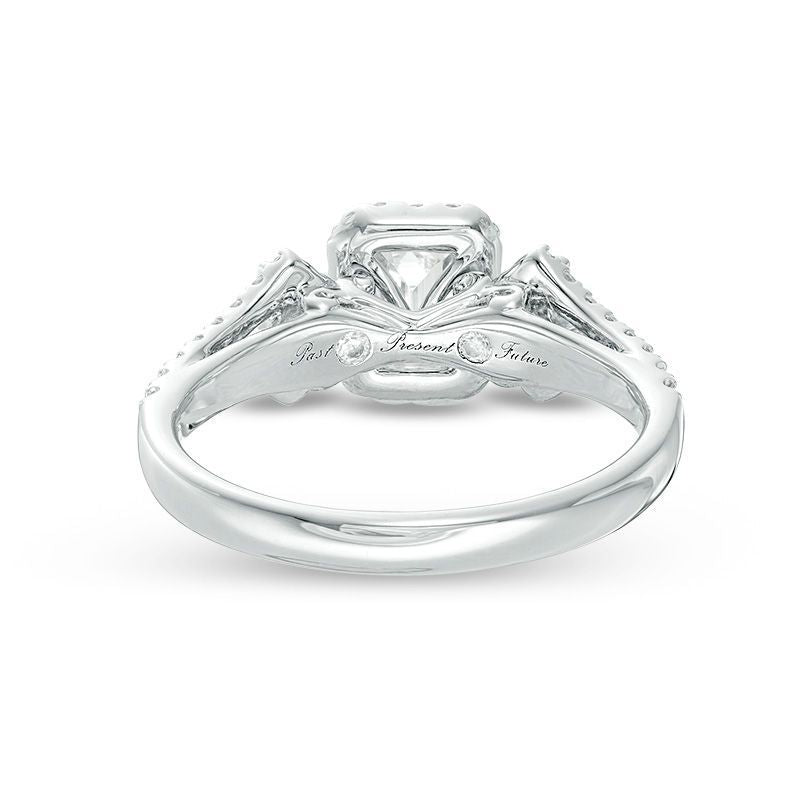 1 CT. T.W. Certified Emerald-Cut Diamond Frame Past Present Future? Ornate Engagement Ring in 14K White Gold (I/I1)