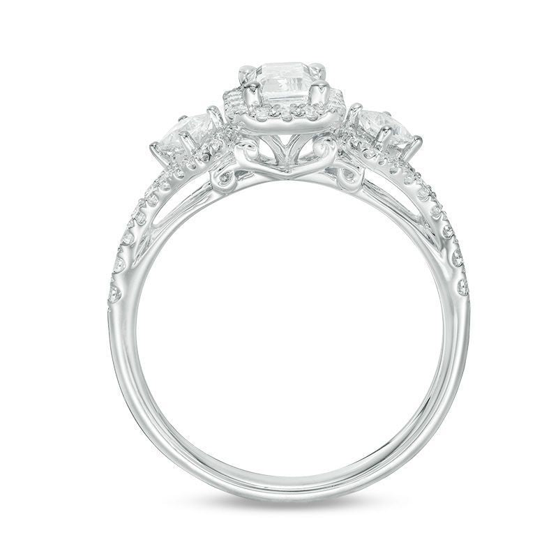 1 CT. T.W. Certified Emerald-Cut Diamond Frame Past Present Future? Ornate Engagement Ring in 14K White Gold (I/I1)