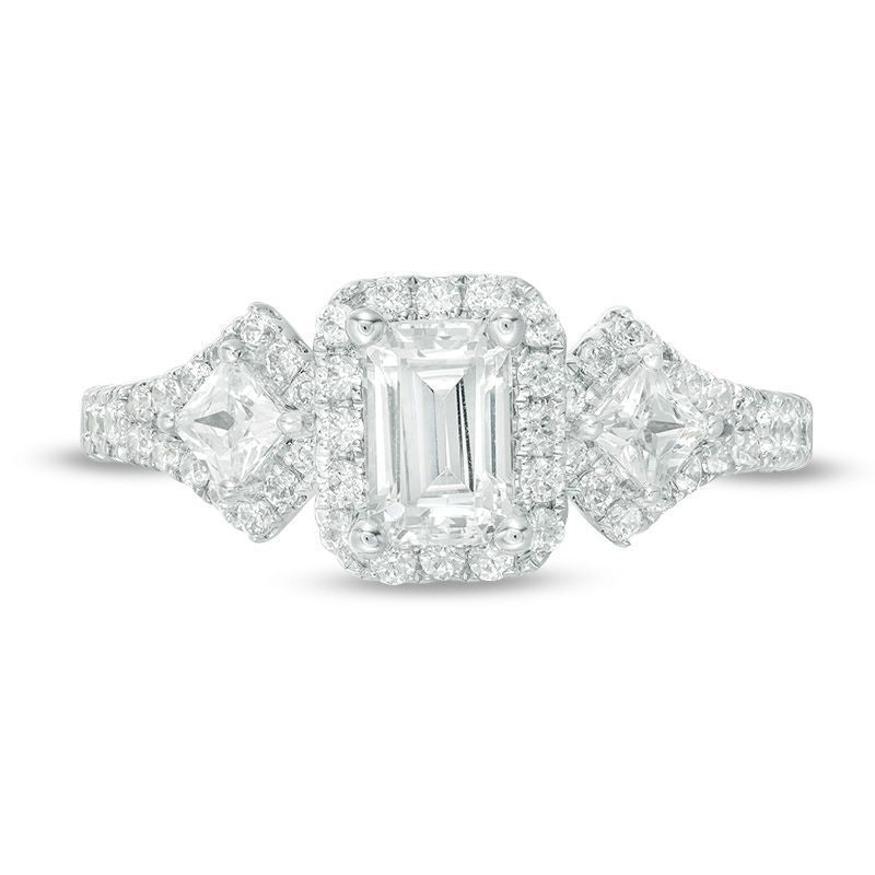 1 CT. T.W. Certified Emerald-Cut Diamond Frame Past Present Future? Ornate Engagement Ring in 14K White Gold (I/I1)