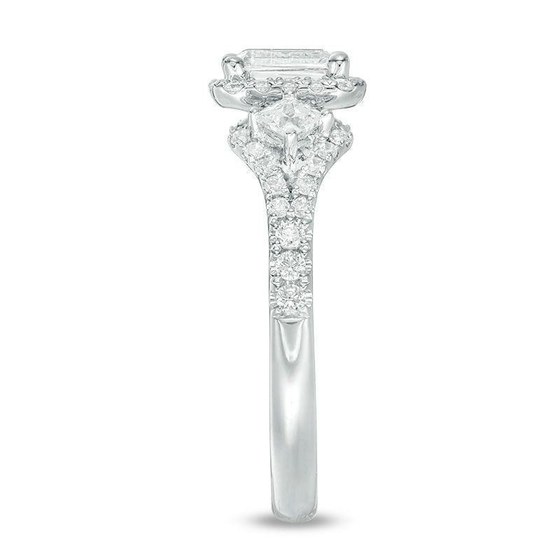 1 CT. T.W. Certified Emerald-Cut Diamond Frame Past Present Future? Ornate Engagement Ring in 14K White Gold (I/I1)