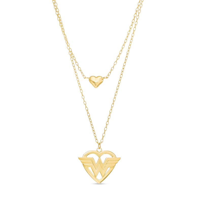 Wonder Woman? Collection Heart with Logo and Mini Puff Heart Double Strand Necklace in 10K Gold – 21.5″
