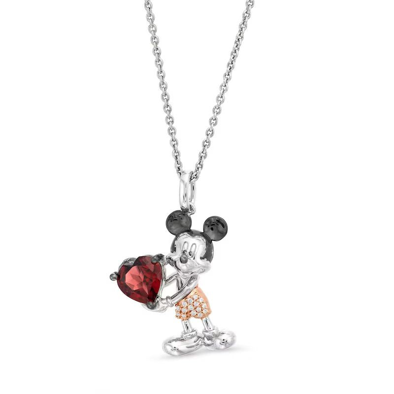 Disney Treasures 100 Years of Disney Mickey Mouse Garnet & Diamond Accent Necklace Sterling Silver & 10K Rose Gold 19