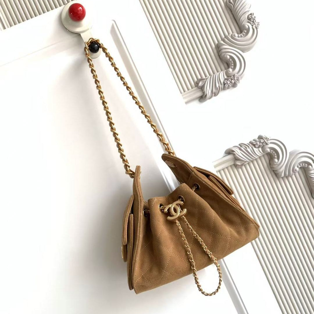 CHANEL 25S HOBO BAG 22 IN BROWN SUEDE WITH GOLD HARDWARE