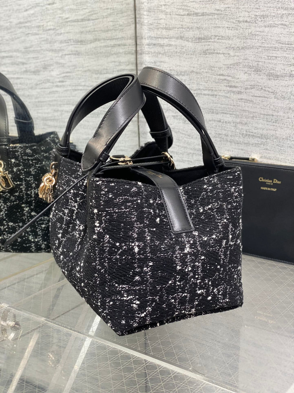 DIOR MINI 23 TOUJOURS BAG IN BLACK MIX WHITE CANNAGE TWEED WITH GOLD HARDWARE