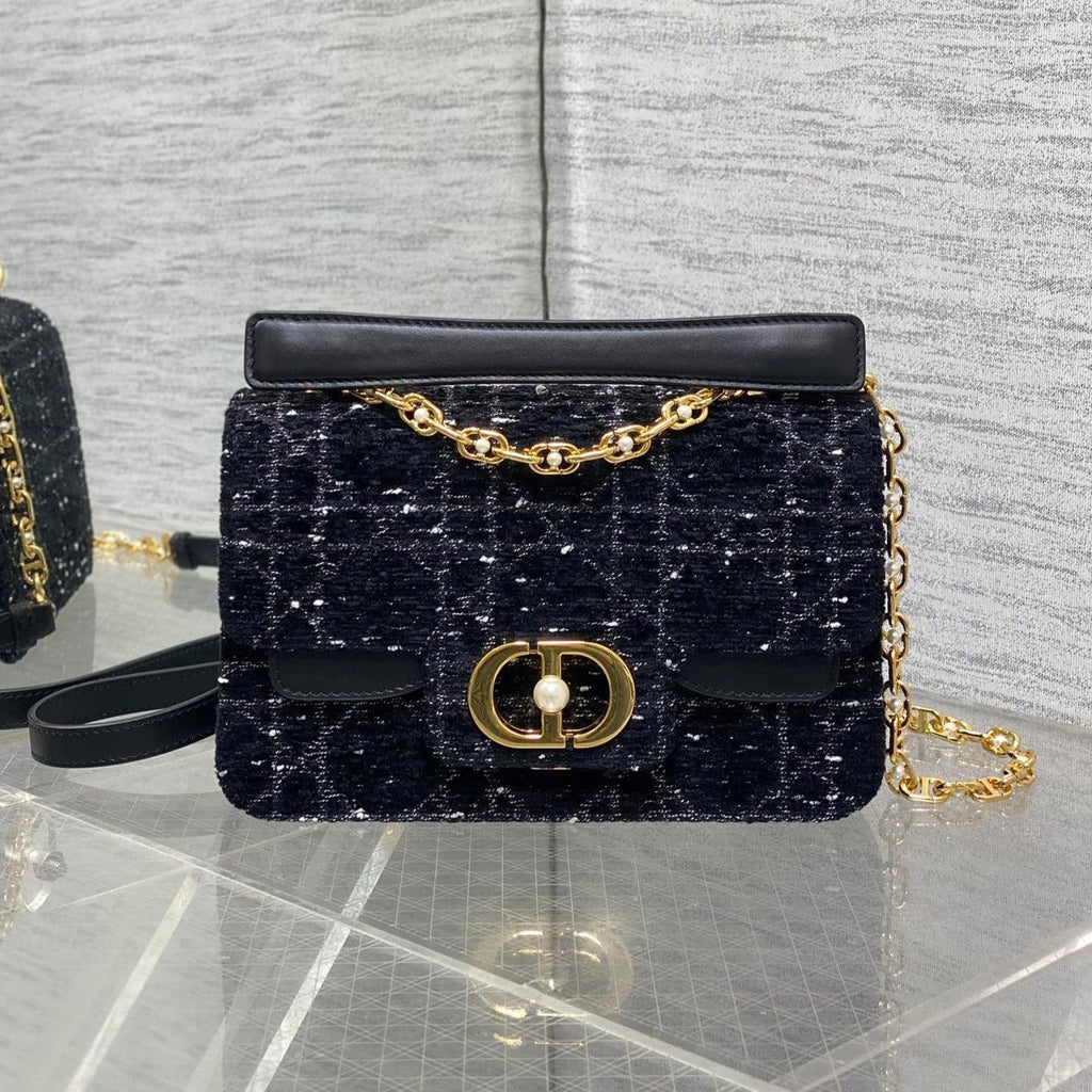DIOR SMALL 22 JOLIE TOP HANDLE BAG IN BLACK MIX WHITE CANNAGE TWEED