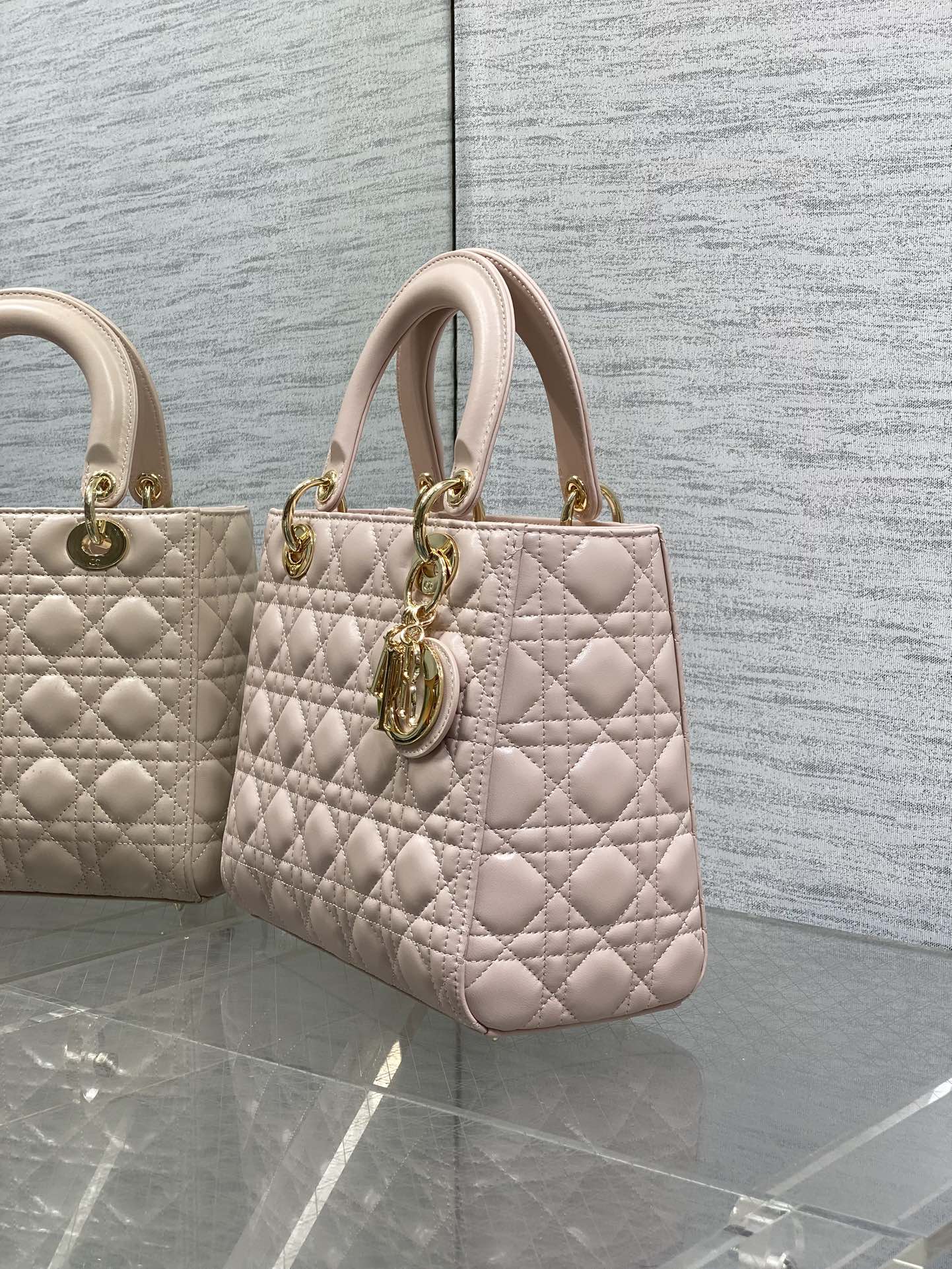 DIOR 25S MEDIUM LADY BAG 24 IN PINK CALFSKIN GOLD HARDWARE