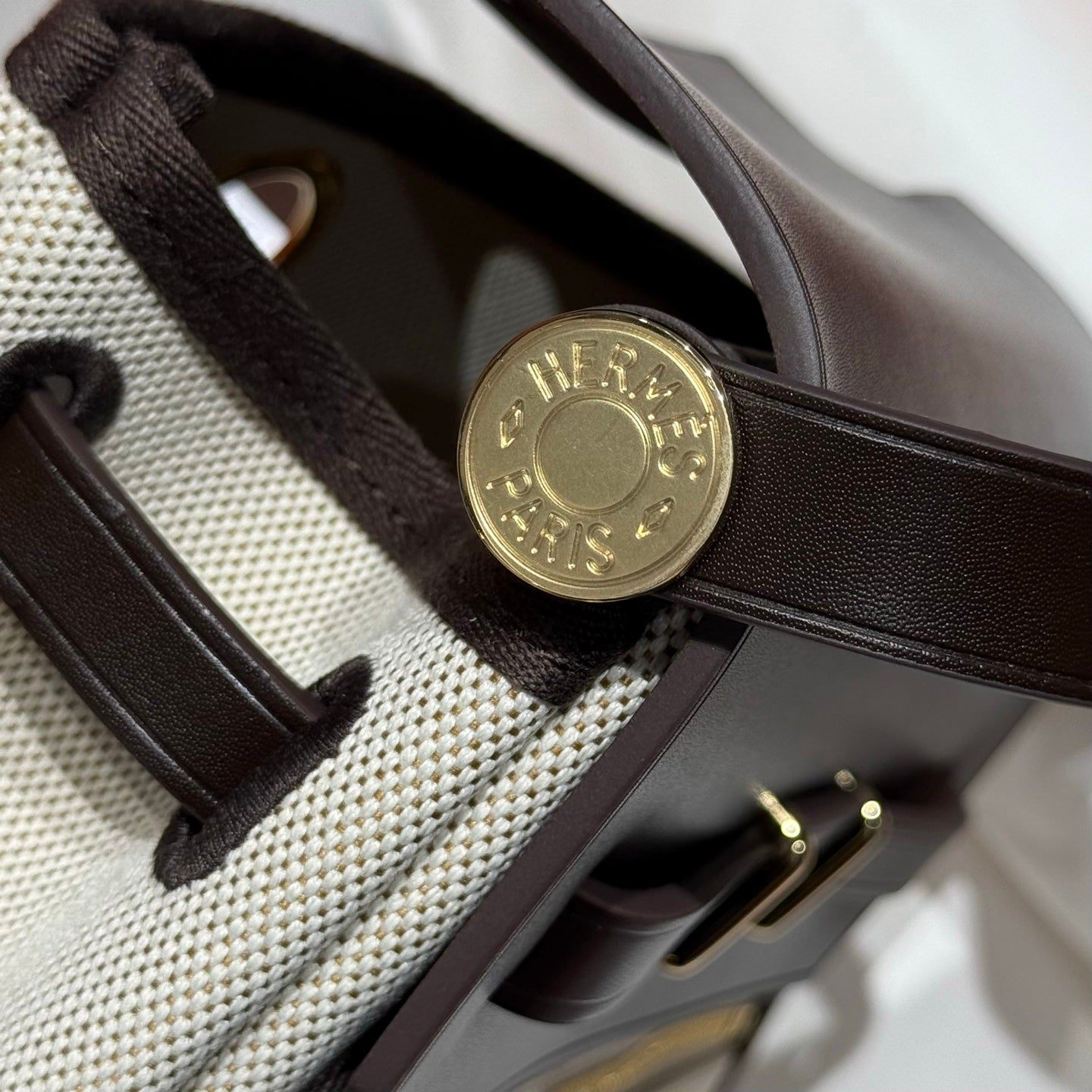 HERMES 25S MINI HERBAG 20 IN OFF WHITE AND BLACK CANVAS GOLD HARDWARE