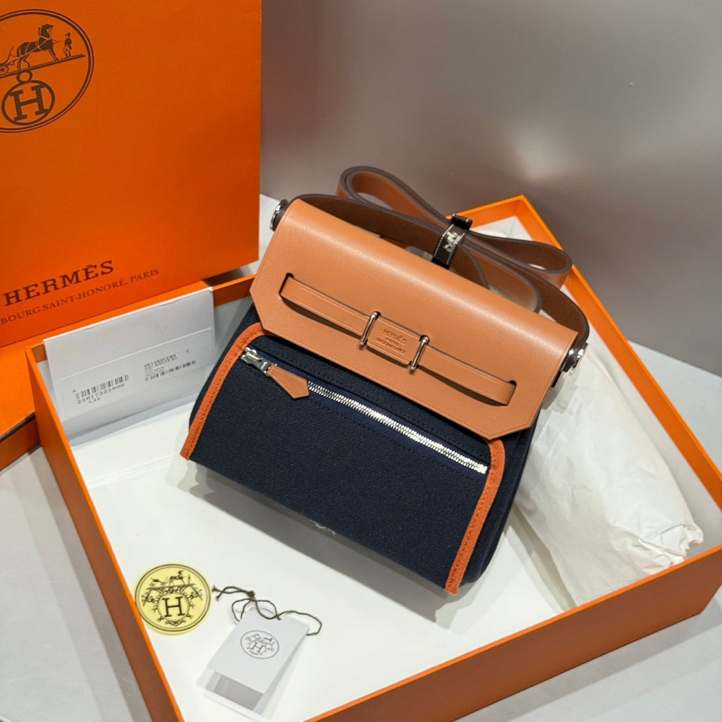 HERMES 25S MINI HERBAG 20 IN NAVY BLUE CANVAS SILVER HARDWARE