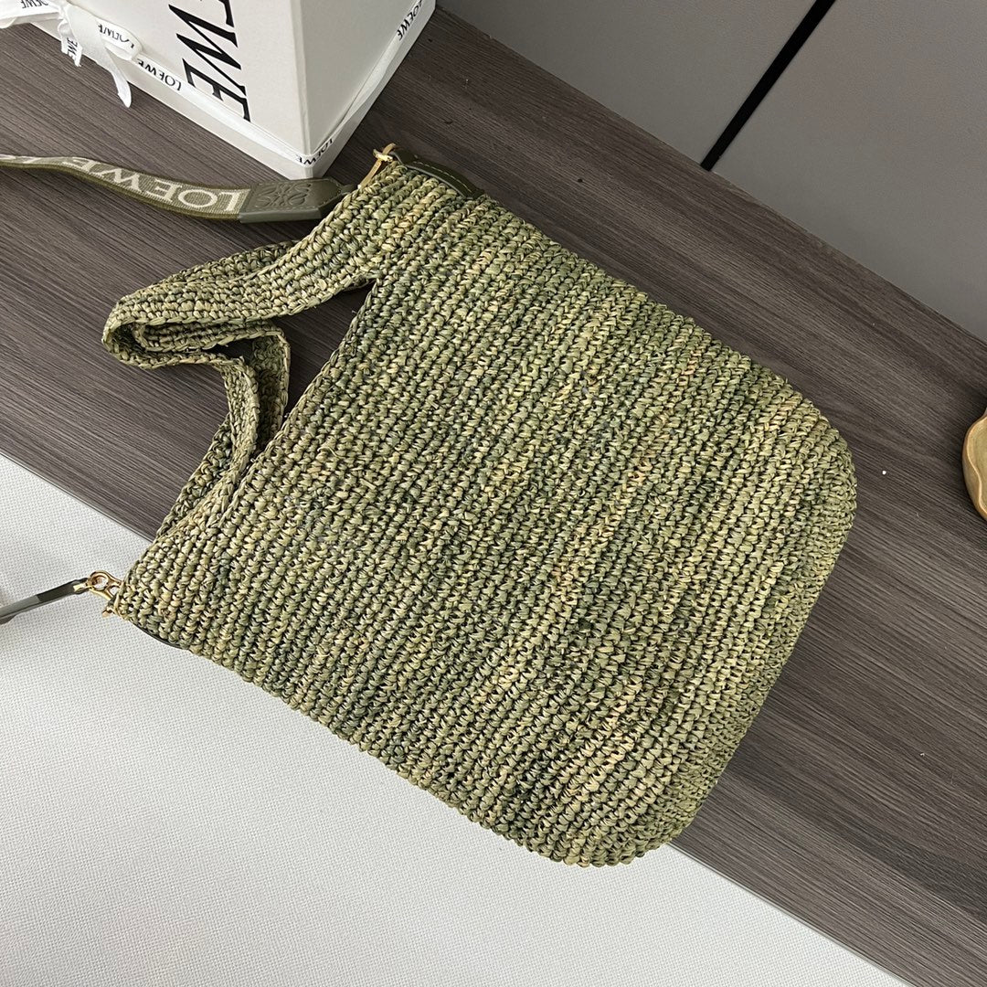LOEWE 25S SLIT TOTE BAG 30 IN OLIVE DRAB RAFFIA CANVAS SHOULDER STRAP
