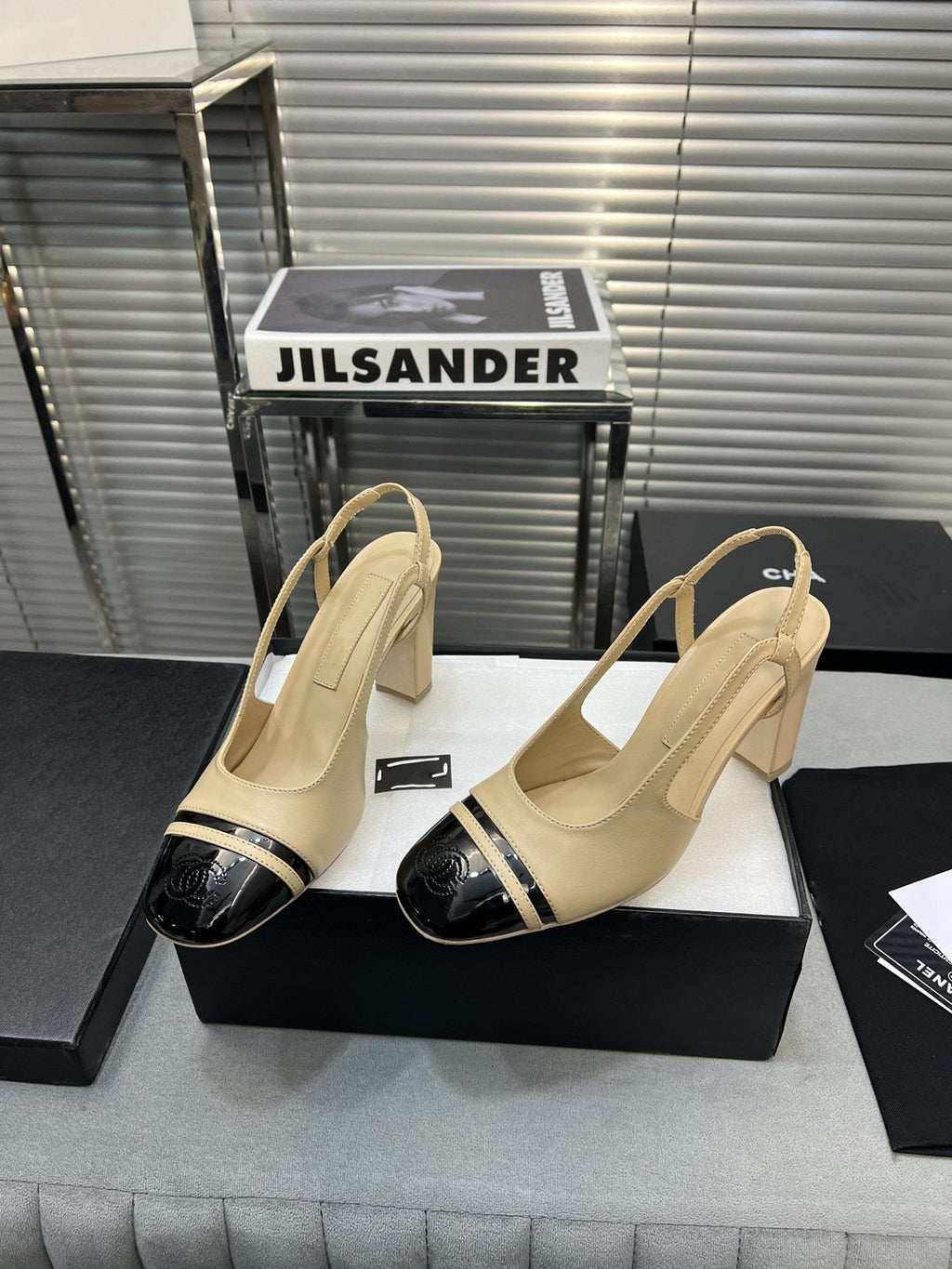 CHANEL slingback light beige suede silver metalic lambskin square toe 9.5