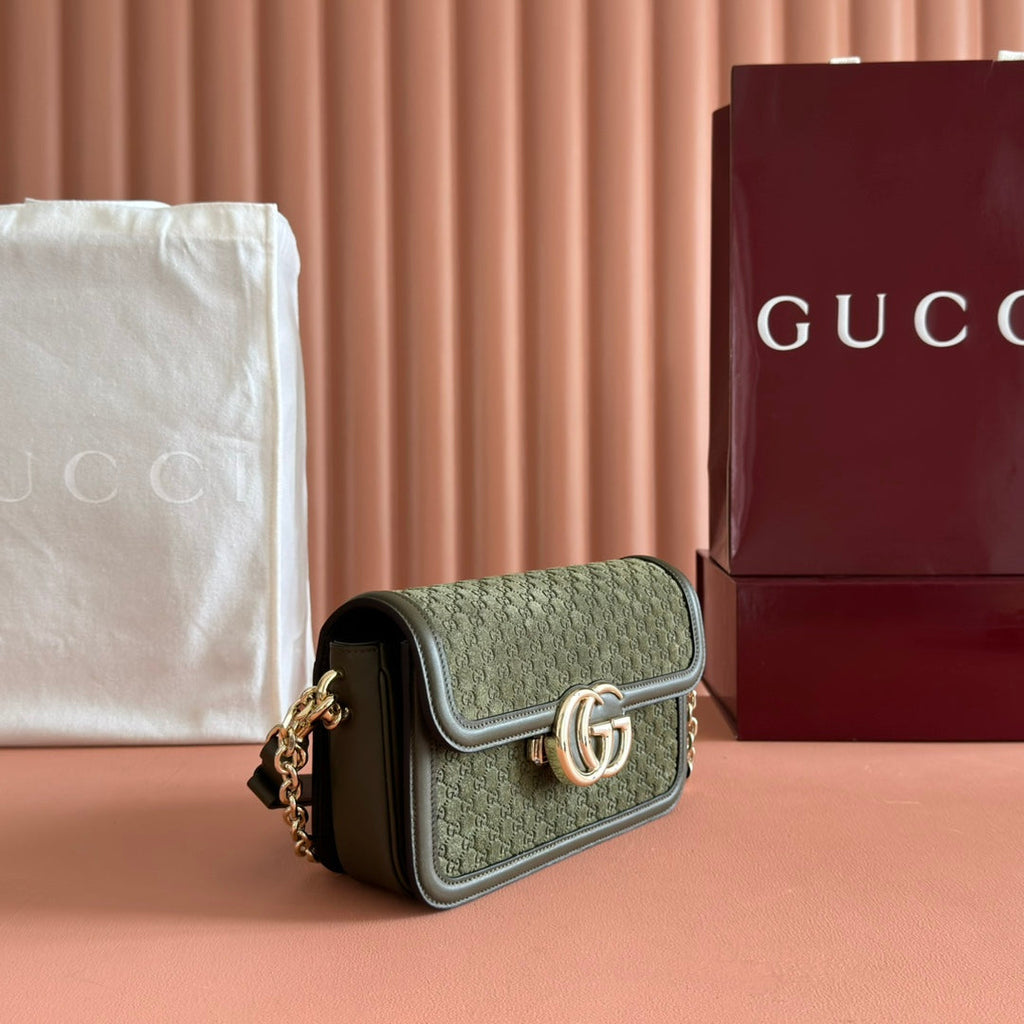 GUCCI 26S SHOULDER BAG 21 IN MOSS GREEN EMBOSSED SUEDE AND CALFSKIN