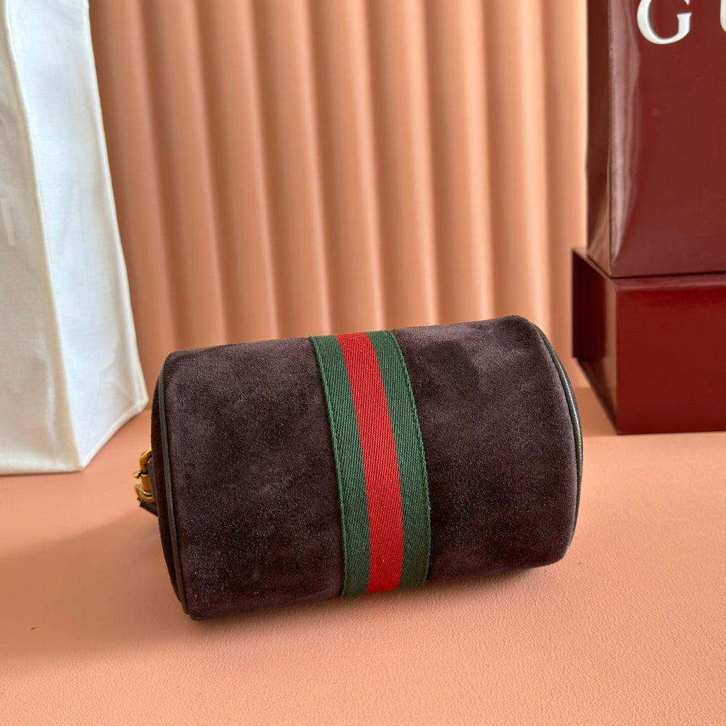 GUCCI 25S OPHIDIA MINI SHOULDER BAG 19 CM IN DARK CHOCOLATE BROWN SUEDE