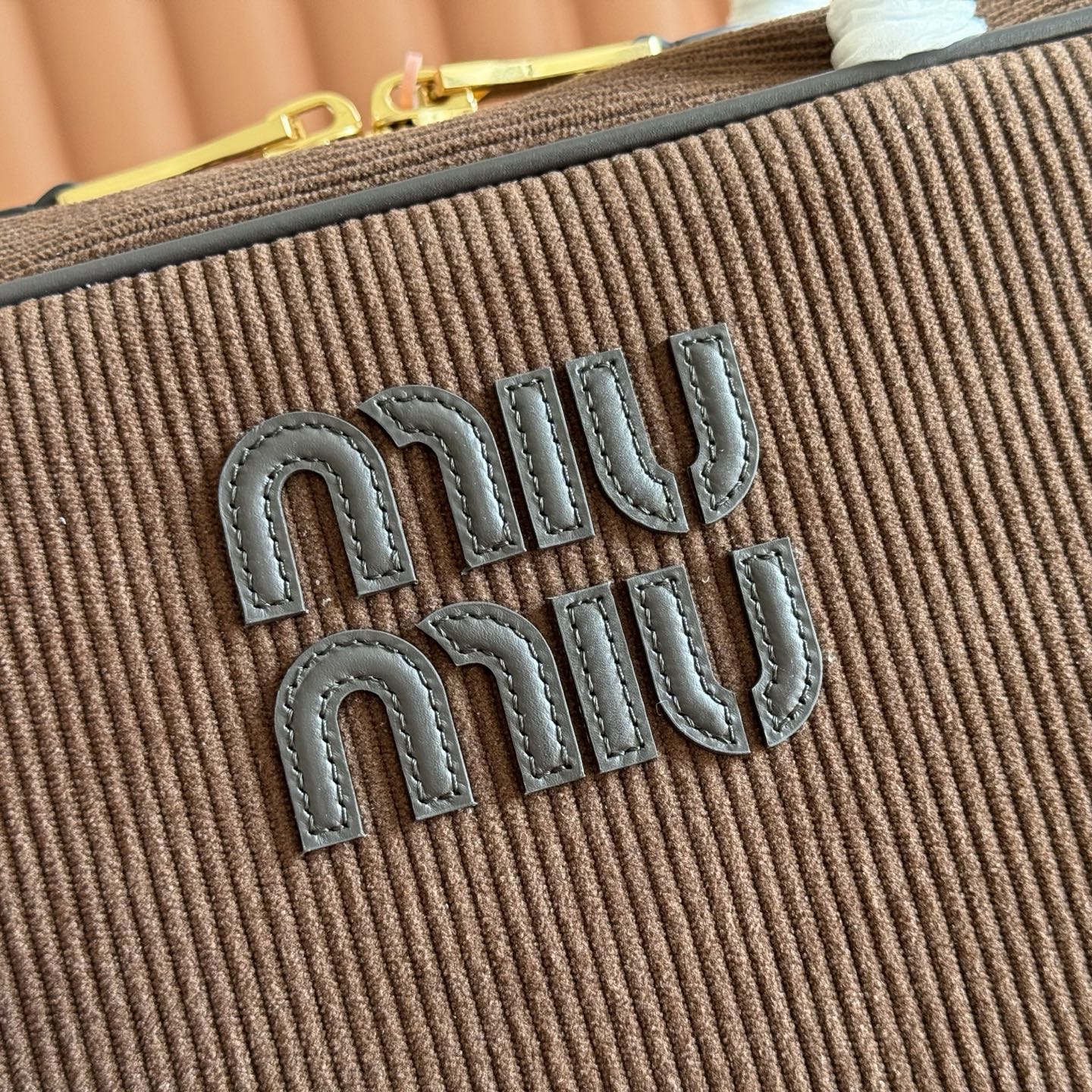 MIUMIU 26S BEAU BAG 34 IN CHOCOLATE BROWN CANVAS AND BLACK CALFSKIN