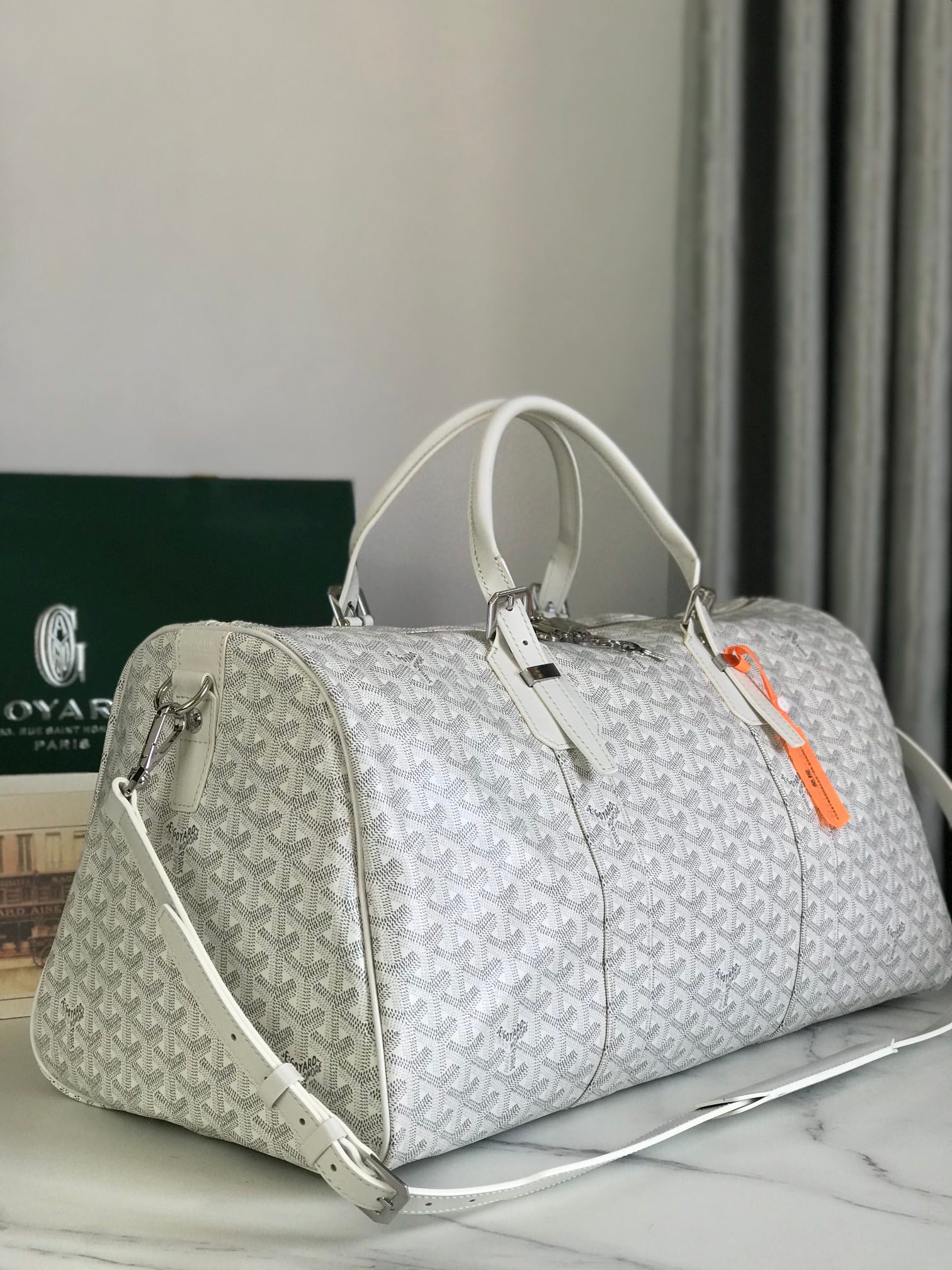 BOSTON 50 BAG IN WHITE GOYARDINE CANVAS AND CALFSKIN TRIM