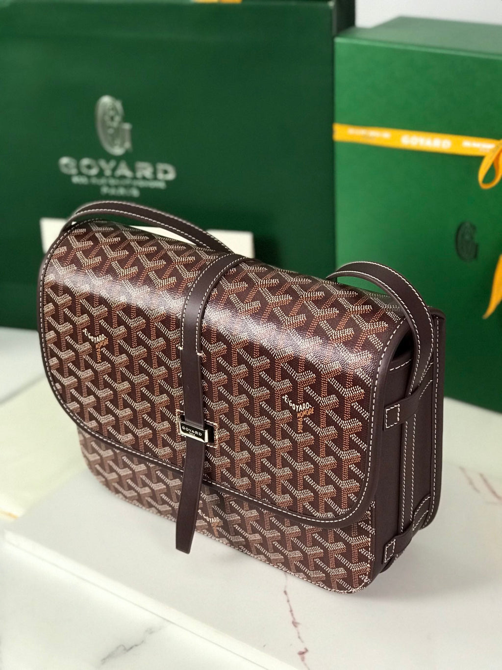 BELVEDERE MM BAG 28 IN BROWN GOYARDINE CANVAS AND CALFSKIN
