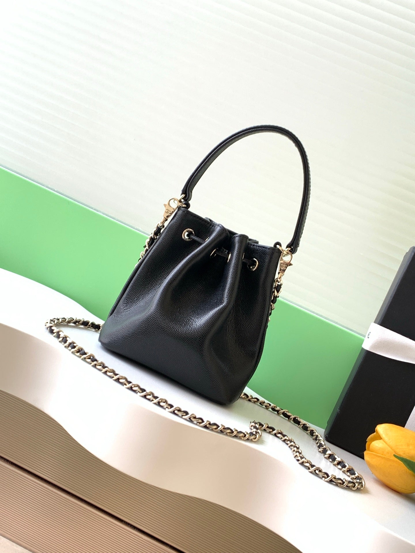 CHANEL 25S MINI BUCKET BAG 12 IN BLACK CALFSKIN GOLD HARDWARE