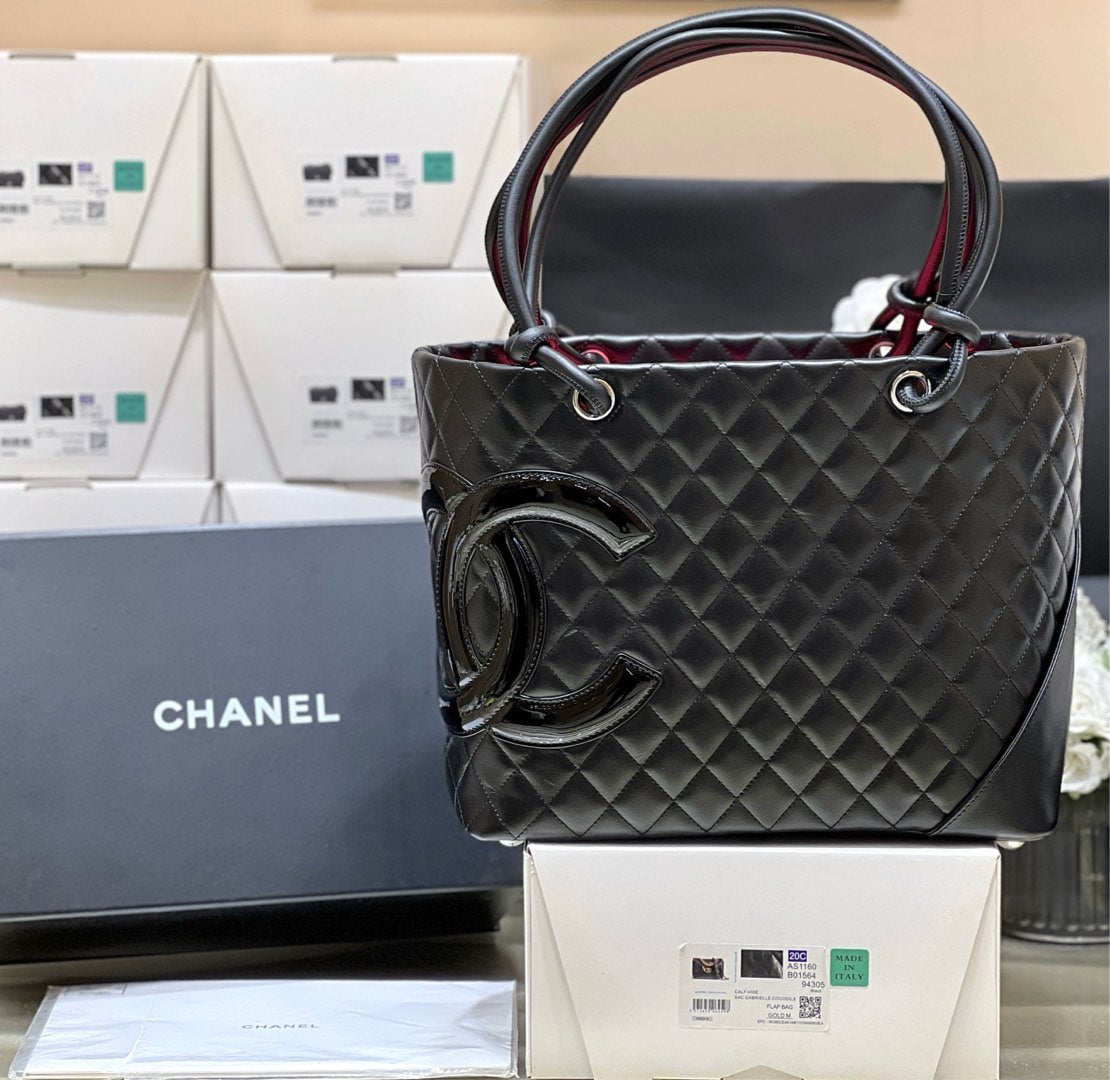CHANEL 25S CAMBON LIGNE TOTE BAG 30 IN BLACK LAMBSKIN