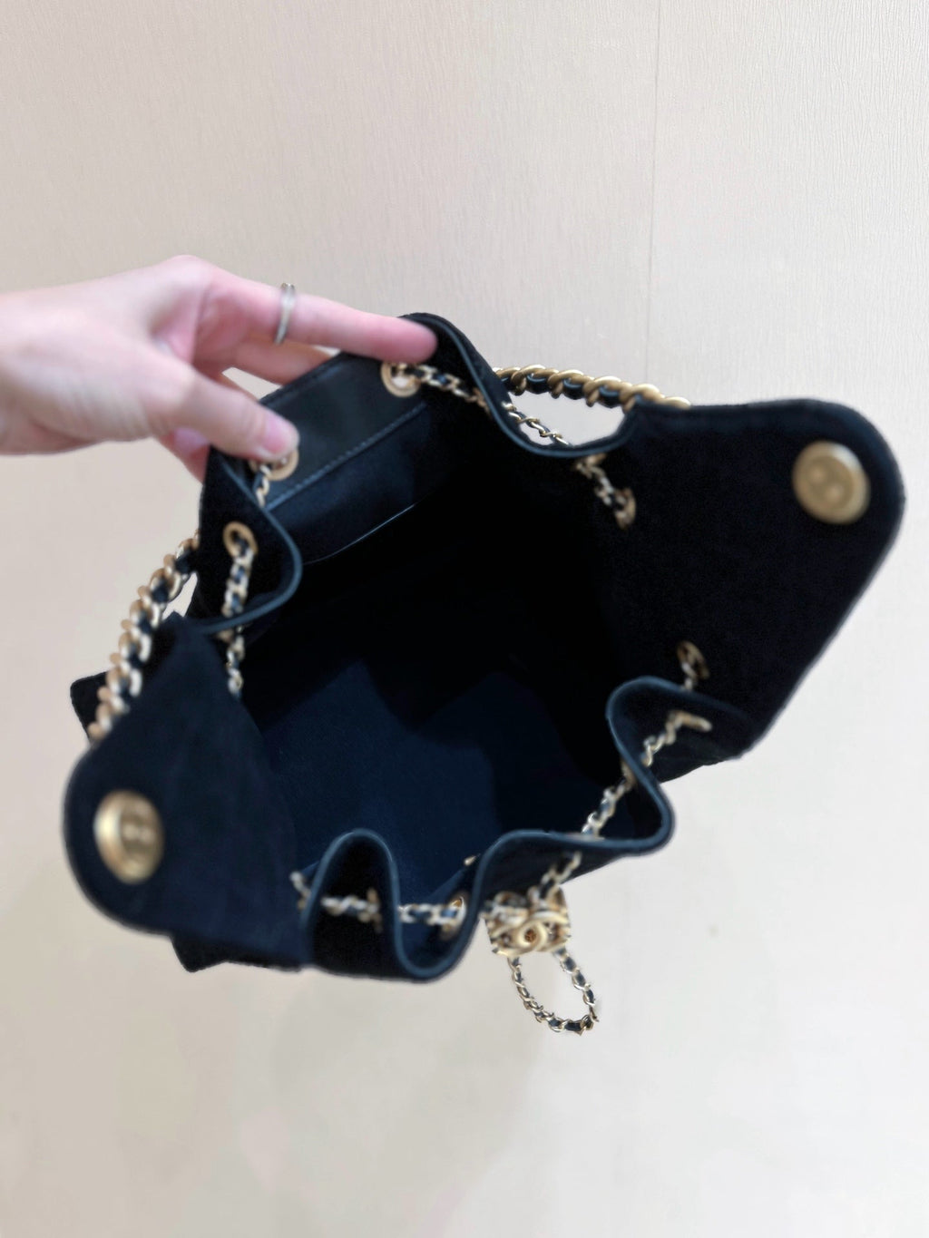 CHANEL 25 HANDBAG 30 IN BLACK SUEDE GOLD HARDWARE