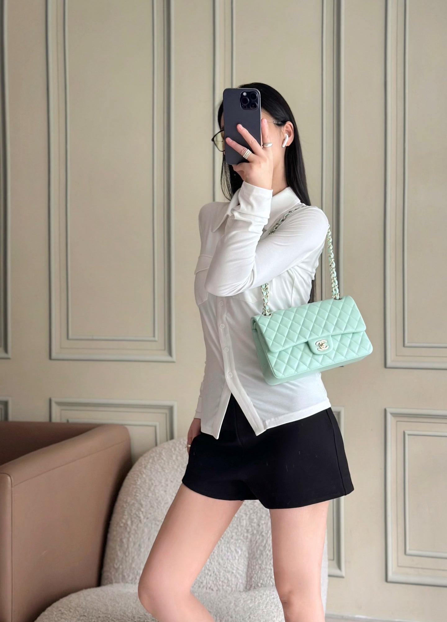CHANEL 25S CLASSIC FLAP BAG 25 CM IN LIGHT CYAN BLUE LAMBSKIN WITH GOLD HARDWARE