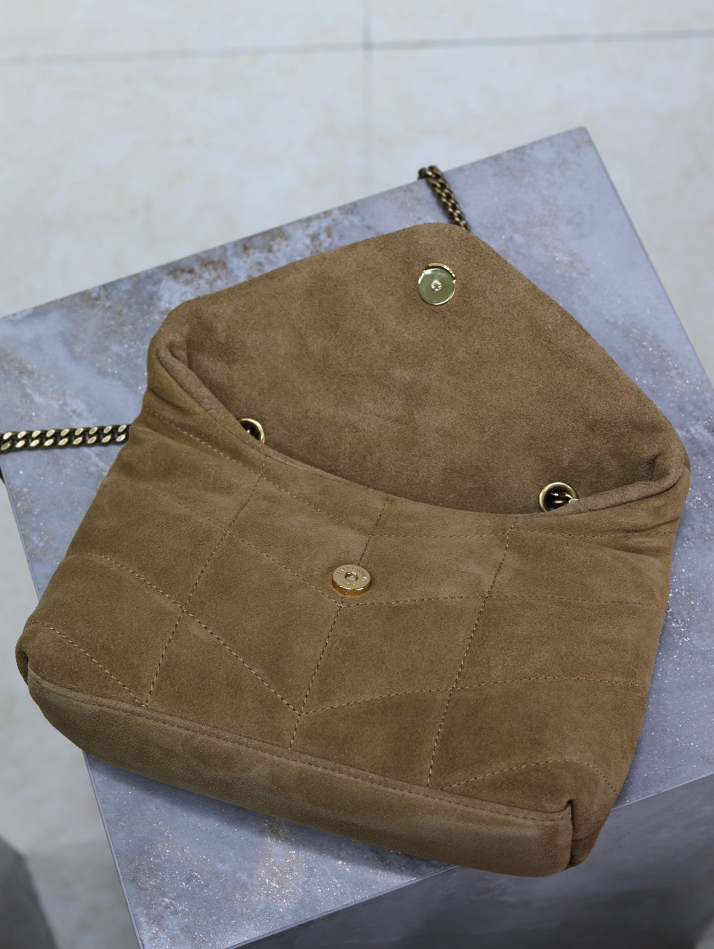 YSL 25S LOULOU PUFFER MINI 23 IN TAN BROWN SUEDE GOLD HARDWRE