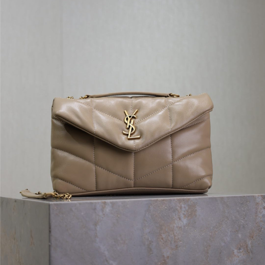 YSL 25S LOULOU PUFFER MINI 23 IN BROWN CALFSKIN GOLD HARDWARE