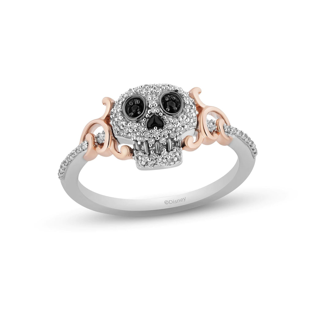 Disney Treasures Coco Black & White Diamond Sugar Skull Ring 1/5 ct tw Sterling Silver & 10K Rose Gold
