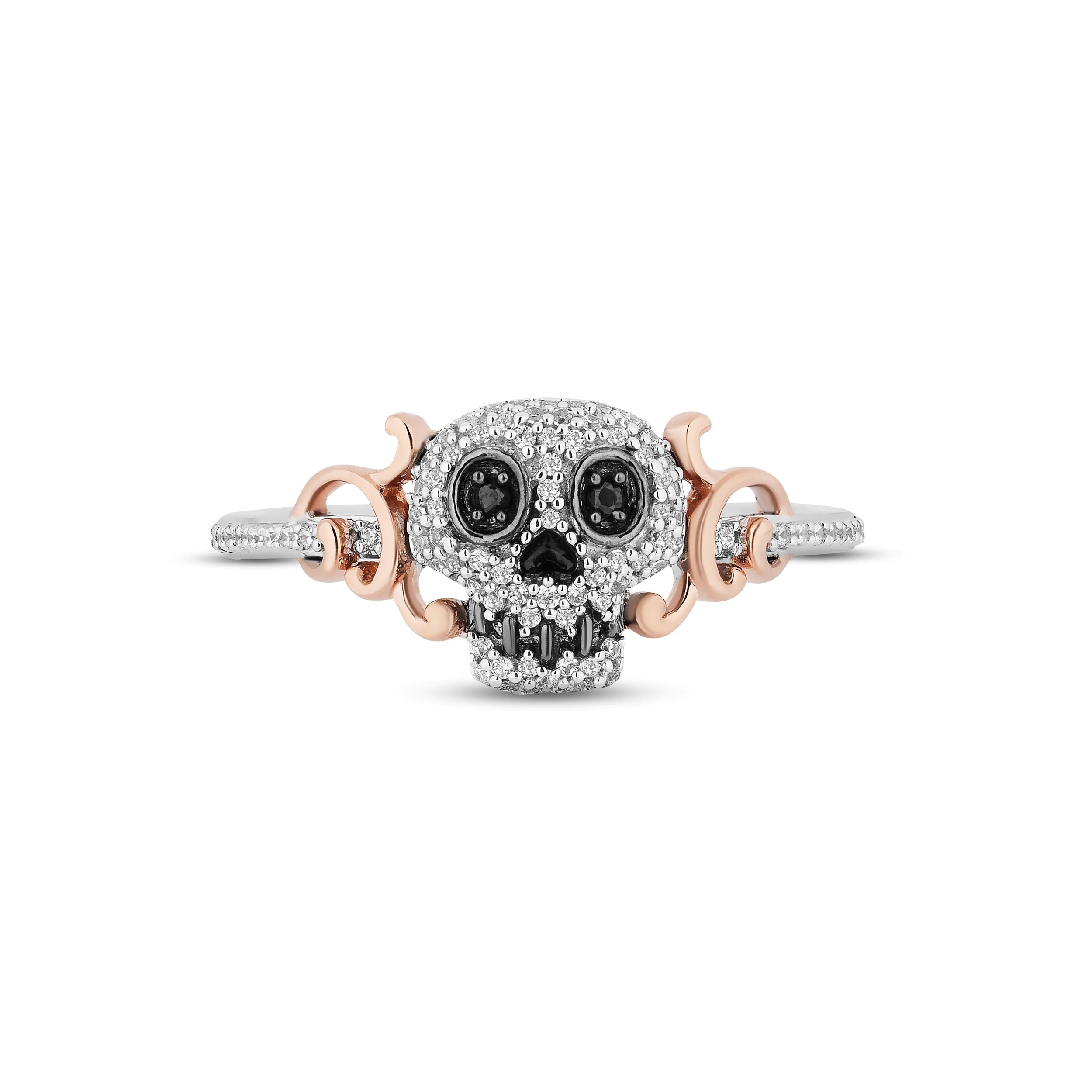 Disney Treasures Coco Black & White Diamond Sugar Skull Ring 1/5 ct tw Sterling Silver & 10K Rose Gold